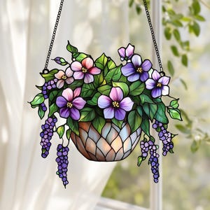 Violet Flowers Faux Stained Glass Suncatcher, Acrylic Window Hanging for Floral Home Decor, Garden-Inspired Gifts for Mom