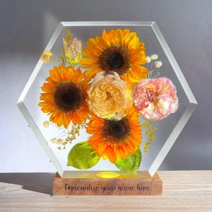 Sunflower Resin Lamp with Roses & Ranunculus | Personalized Floral Night Light