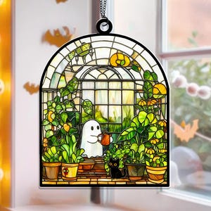 Cute Ghost at Greenhouse ACRYLIC Window Hanging Suncatcher Decor, Cute Ghost and Black cat Suncatcher,Cute Ghost Hanging Ornament Home Decor