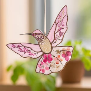Hummingbird Stained Glass Window Hangings With Pressed Flower Art Suncatcher Gift For Her Decorative Glass Art Gifts For Mom Home Decor
