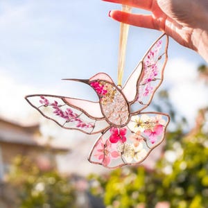 Stained Glass Hummingbird Suncatcher | Pressed Flower Window Decor | Custom Botanical Gift for Her | Handmade Floral Glass Art