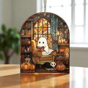 Halloween Ghost Reading Book Oranement Suncatcher, Ghost Black Cat Acrylic Window Hanging Decor, Reading Book Sun Catcher, Book Lover Gift
