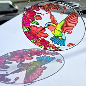 Hand Painted Hummingbird Suncatcher, Personalized Flower Light Catcher, Stained Glass Style Window Hanging, Floral Gift for Nature Lovers