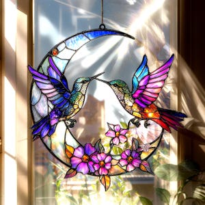 Hummingbird Pair on Crescent Moon Suncatcher – Faux Stained Acrylic Window Hanging with Flowers, Romantic Nature Lover Decor